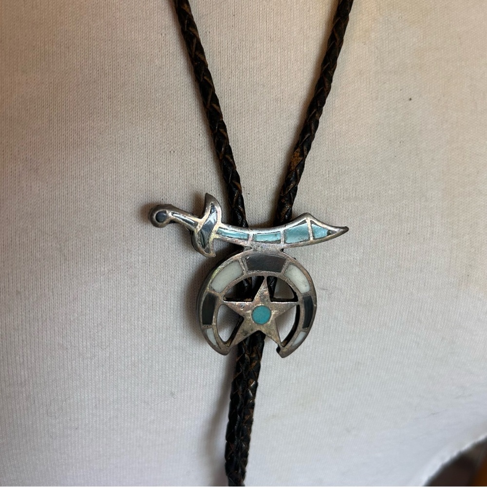 Vintage Native American Zuni  Shriners' Multi-stone Inlay Bolo Tie AS-IS